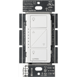 (Caseta Wireless) Atenuador de pared. Aumenta/Disminuye Intensidad de Iluminación.  No requiere cable neutro. 150W LED / 600W INC/HAL